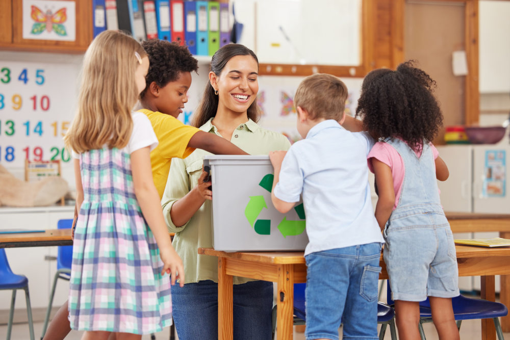 Four preschool aged students surrounding their teacher's desk